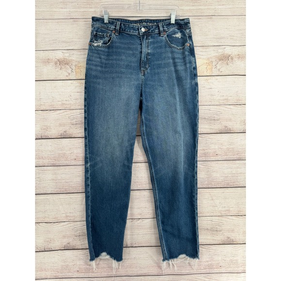 American Eagle Outfitters Denim - American Eagle Mom Jean Womens 14 Long Blue High Rise Strigid Raw Hem Distressed